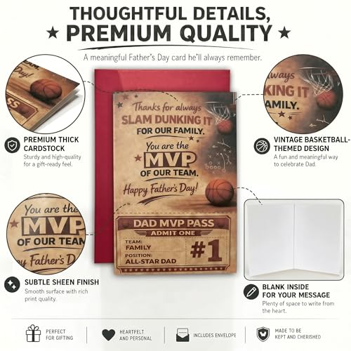 OKKBgo Father's Day Card for Basketball Dad, Funny MVP Basketball-Themed Card from Kids, Admit One Ticket Design
