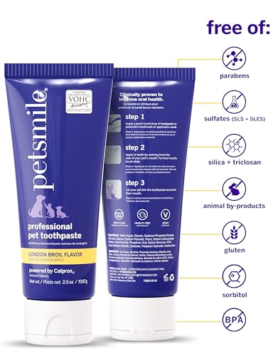 Image of Petsmile Professional Pet Toothpaste, London Broil 2.5 Oz, Cats + Dogs | VOHC Accepted, Calprox Powered. Fights plaque + tartar. Remineralizes & whitens teeth. No-Brush Required. 4-month supply.