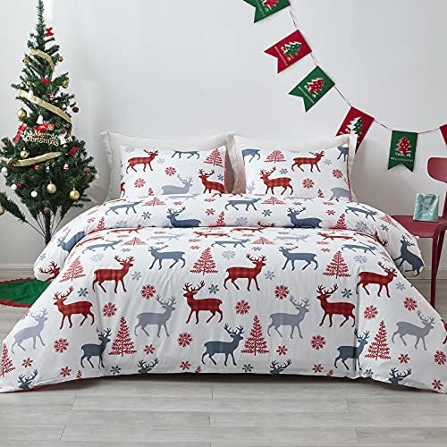 Gerleek Christmas Duvet Cover Set Comforter Cover Set Christmas Reindeer Snowflake Christmas Tree Pattern Microfiber Soft Bedding Sets with Zipper Closure and Corner Ties(Twin（68"x90"）)