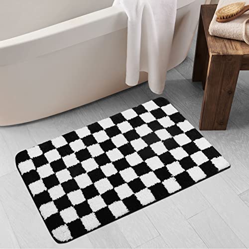 Image of Uphome Bath Mats for Bathroom, Black and White Checkered Machine Washable Bathroom Rug Non Slip, 20x31 Water Absorbent Soft Microfiber Bathroom Mat for Tub, Shower, Floor