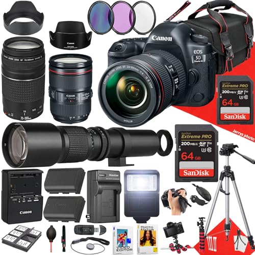 Canon EOS 5D Mark IV DSLR Camera with EF 24-105mm f/4L is II USM, EF 75-300mm f/4-5.6 III and 500mm f/8.0 Preset Telephoto Lens + 128 GB Memory + Filters + More (39pc Bundle), Black (Renewed)