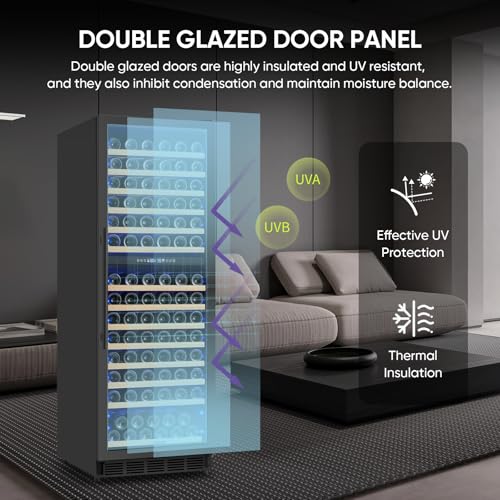 Image of Dual Zone Wine Cooler Refrigerator, 24 Inch Wine Fridge Freestanding or Built-in, 154 Bottle Large Capacity Wine Cooler with Advanced Compressor, Air-circulation System and Low Noise - Black