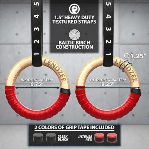 Image of Birch Wood Gymnastic Rings with Heavy Duty Adjustable Strap Capacity with 14.5ft Adjustable Buckle Straps for Cross Fitness Functional Training for Home Gym Full Body Workout