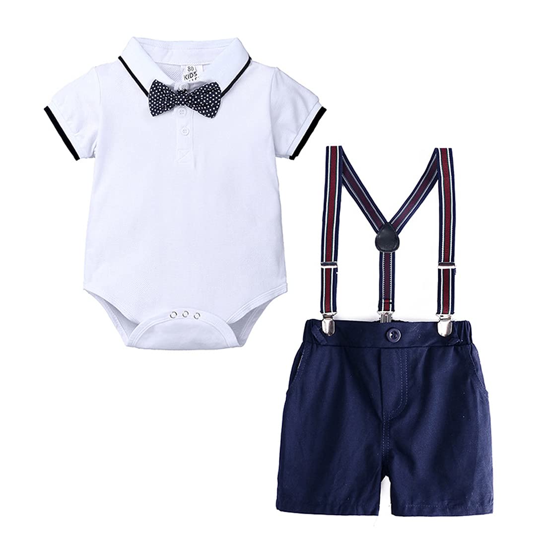 DINGDONG'S CLOSET Infant Baby Boys Gentleman Outfits Suits Bow Tie Short Sleeve T-Shirt+Bib Shorts Overalls Clothes Set (White, 18-24M)