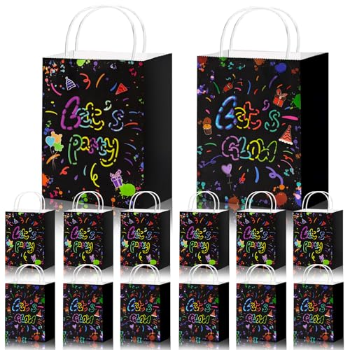 12 Pezzi Sacchetti Regalo Luminescenti,Pieghevoli Sacchetti di Carta Kraft Luminescenti con Maniglia,Sacchetti di Carta Fosforescenti per Feste di Compleanno Raduni