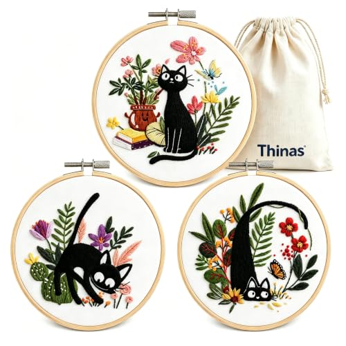 Thinas Embroidery Kit for Beginners Adults 3 Pack Stamped Cat Cross Stitch Starter Set with Patterns & Video Tutorial DIY Sewing Craft Supplies for Cat Lovers Home Decor Gift Idea