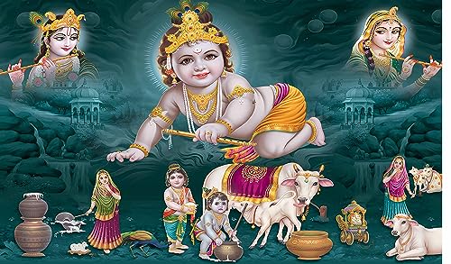 Image of Bal Krishna with Matuki and Cows Design Backdrop Curtain for Decoration for Pooja Especially for Krishna Janmashtami Traditional Festival Size-5 Feet Height and 8 Feet Width(5 * 8)