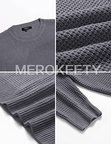 Merokeety Women's Long Sleeve Waffle Knit Sweater Crew Neck Solid Color Pullover Jumper Tops Grey #TOP5
