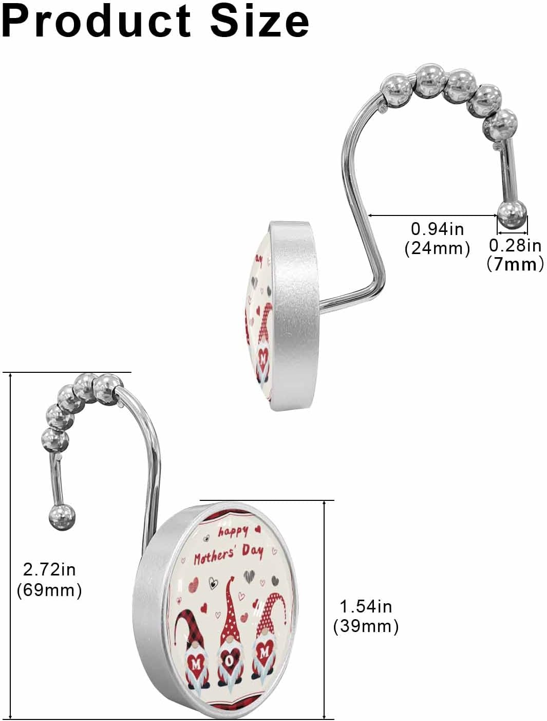 Shower Curtain Hooks 12 Pcs, Happy Mother's Day Dwarf with Heart Red Plaid Stainless Steel Rust Proof Rolling Shower Curtain Rings, Decorative Shower Curtain Hooks Hangers for Bathroom, Bath Ball
