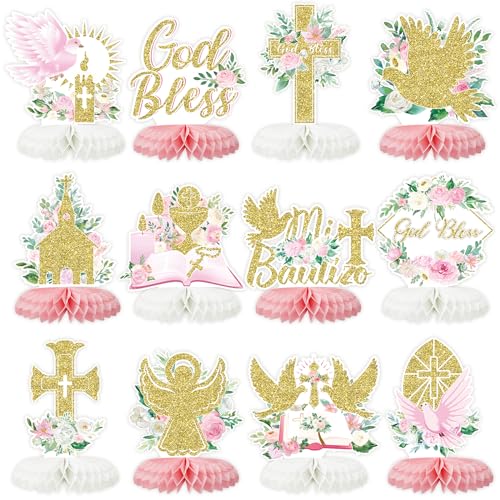 12Pcs Baptism Honeycomb Centerpieces Party Decor,Pink God Bless Cross Religious Baptism Table Centerpieces for Baby Shower First Communion Birthday Party Decorations (pink god)