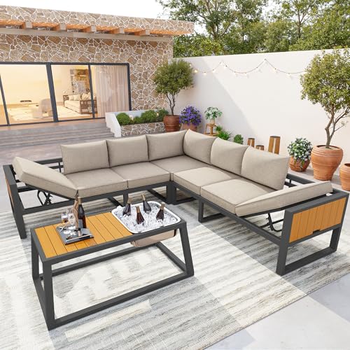 Sapgaks Salon de Jardin pour 6-8 Personnes avec Dossier réglable,canapé d'extérieur avec accoudoirs Pliables et Seau à Glace en métal,Ensemble de canapé...