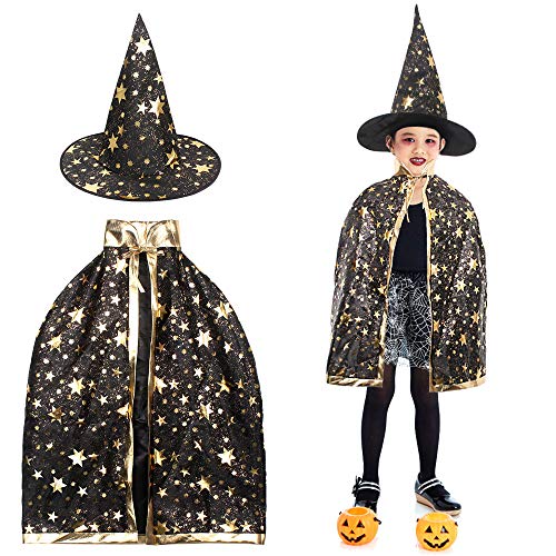 Cape de Magicien avec Chapeau de Magicien 1Pcs Enfant Costume d'Halloween en Nylon pour Garçon et Fille Costume de Sorcier d'Enfant Noir avec Motif d'Étoiles Jaunes pour Cosplay Soirée Partie