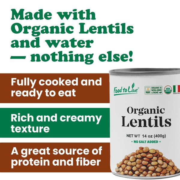 Food to Live Organic Canned Lentils, 14 oz (Pack of 8) – Unsalted, Non-GMO, Vegan. Ready to Eat. Perfect for Salads, Soups and Quick Meals. Wholesale