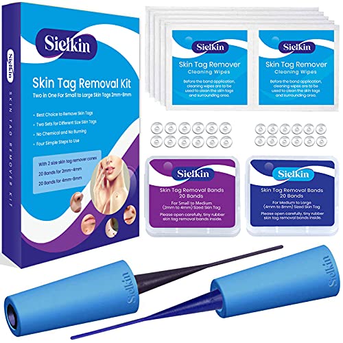 Sielkin 2-in-1 Skin Tag Removal Kit for Face, Body, and Neck, Small to Large Skin Tag Device 2-8mm, 20 Bands 2-4mm, 20 bands 4-8mm, Convenient Cylinder Design, 12 Piece Set