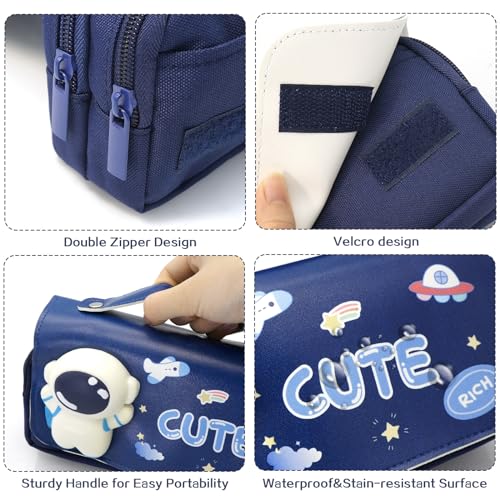 Image of Cute Astronauts Pencil Case for Kids,Kawaii Girls Pencil Pouch with Compartments,Stress Release Pencil Bag for Elementary Students(Blue), JieYaBiDai-007