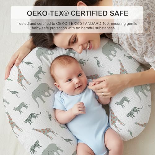 Image of Little Grape Land Muslin Nursing Pillow Covers 2 Pack, 100% Cotton Removable Breastfeeding Pillow Covers, Feeding Pillow Slipcovers for Baby Boys & Girls, (Safari & Green)
