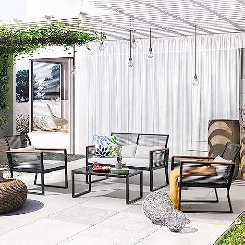 Patiorama 4 Piece Patio Furniture Set, Outdoor Wicker Bistro Set, All-Weather Black PE Rattan Conversation Set w/Coffee Table, Loveseat, Wood-like Armrest, Cushions for Garden Balcony Deck, Light Grey Cover