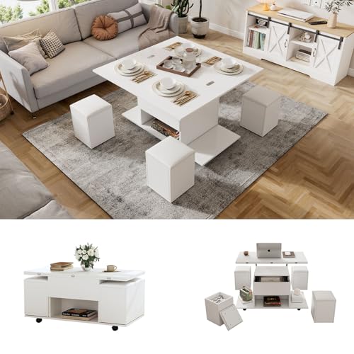 Billg Tables Basses avec 2 Plateau Relevable, 3 en 1 Table de Salon avec 4 Tabouret, Extensible à Grande Table, Rangement Caché et Ouvert, Table d'appoint...