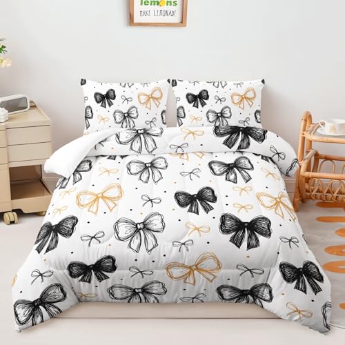 Image of AILONEN Black Gold Bow Comforter Queen 3 Piece Aesthetic Hand Drawn Bedding Premium Microfiber Quilted Duvet Alternative Master Bedroom Decor Stylish Quilt 2 Cases
