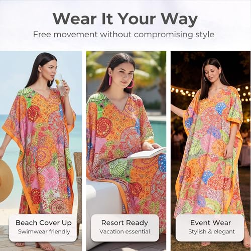Image of Oussum Women Long Maxi Plus Size Polyester Kaftan Gown, Womens Kaftan Dresses Lounge Resort Wear, Plus Size Kaftan