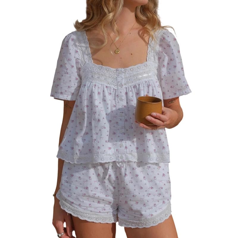 Image of ROAONOCOMO Women Floral Pajama Set Ruffle Puff Sleeve Peplum Shirt Coquette Pj Set Bow Babydoll 2 Piece Shorts Outfit