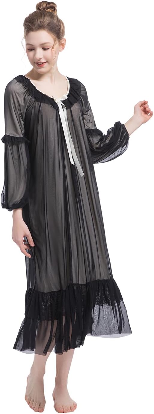 Women Victorian Nightgown Long Sheer Vintage Sleepwear Pajamas Loungewear Princess Housecoat Nightdress