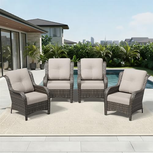Image of Joyside 4 Piece Wicker Patio Furniture Set, Rattan Patio Chairs with High Back, Deep Seating, Wide Armrest, Thickened Cushions, Outdoor Furniture for Deck, Porch Use