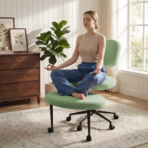 Image of VITESSE Cross-Legged Ergonomic Chair 360 Swivel with Wheels, Adjustable Meditation Seat for ADHD, Lumbar Support, Teddy Fabric Home Office Chair,Green