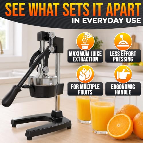Image of Cast Iron Juicer Hand Press, Heavy-Duty Squeezer - One Pull Extracts Full Juice with No Electricity - Manual Citrus Press Juicer & Orange Squeezer for Lemon, Lime, and Lemonade at Home or Bar (Black)