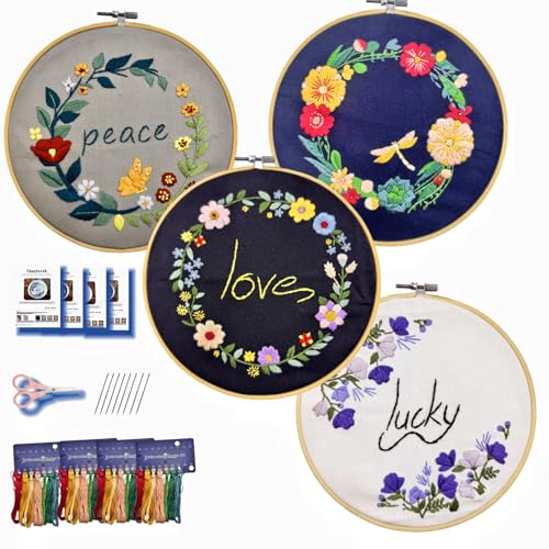 Image of Speedura 4-Set Embroidery Kit for Beginners - Easy Needlepoint Starter Kit for Adults to Learn Hand Embroidery with Stamped Designs, Cross Stitch Patterns, and Fun DIY Projects (Floral Inspiration)