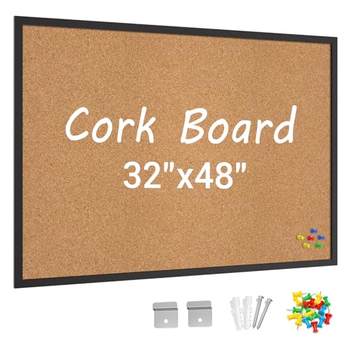 Forlogic Cork Board Bulletin Board with Black Wood Frame， 32 x 48 Large Corkboard...