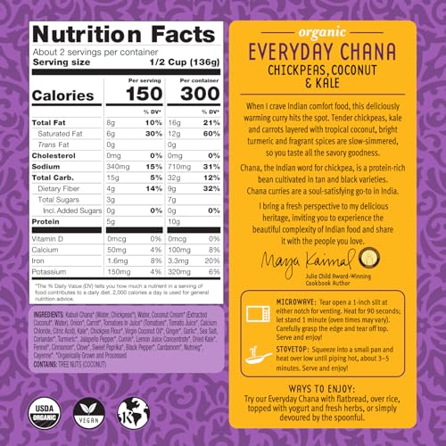 Maya Kaimal Foods - Organic Indian Everyday Chana - 10oz - Fully Cooked Chickpeas with Coconut & Kale - Vegan - Microwavable - Ready to Eat - Pack of 6