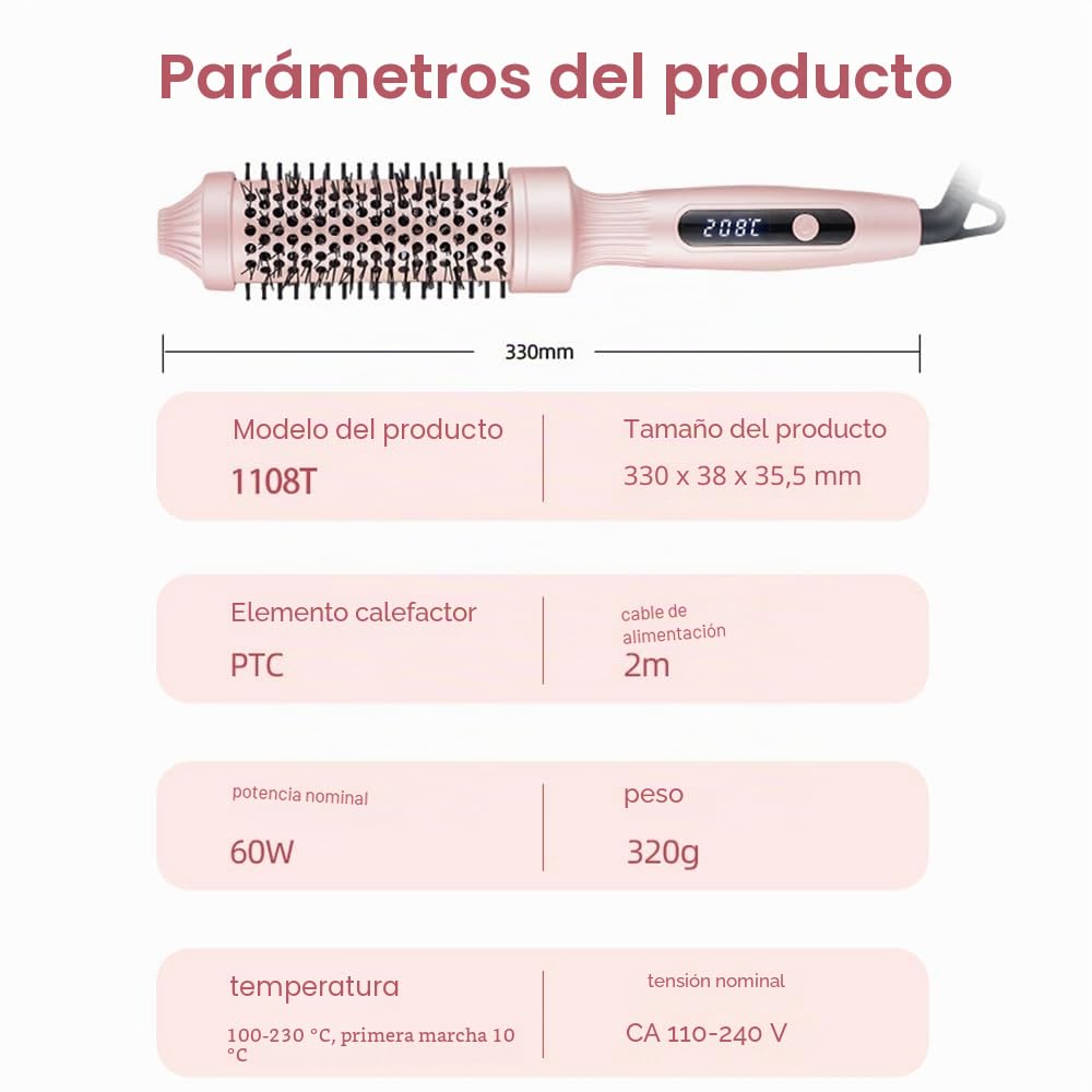 Thermal Brush Cepillo Térmico Redondo, Cepillo Rizador Calentado de 38mm, Peine Alisador de Cabello, PTC Redondo Cepillo de Pelo Caliente para Rizado y Cabello Liso, 100-230 ℃, Cable 2M, Doble Voltaje