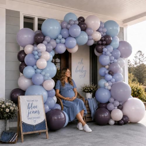 Image of Baby Blue Purple Balloon Arch Double Stuffed Lavender White Balloon Garland | Dusty Lilac Viloet Plum White Sand Balloons for Baby Shower,Birthday,Bridal,Fairy,Butterfly,BlueBerry Party Decorations