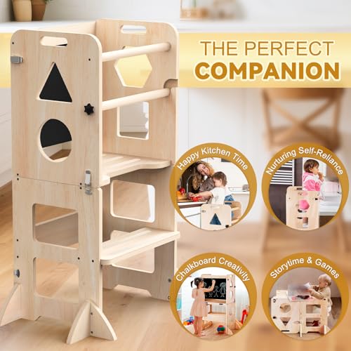 Image of Woodure 3-in-1 Toddler Kitchen Step Stool, Foldable Learning Standing Tower with Blackboard, Wooden Kitchen Stool Helper for Kids