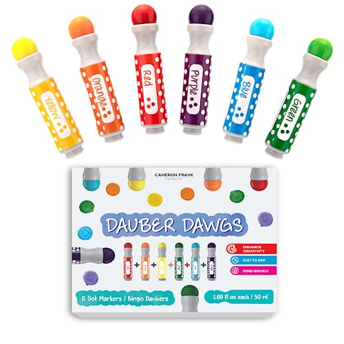 Cameron Frank Products Washable Dot Markers, 6 Pack For Kids, Preschool Children Arts Crafts Supplies Kit, Kindergarten Toddler Art Activities Gift Set, Holiday Bingo Dabbers Dobbers, Dauber Dawgs