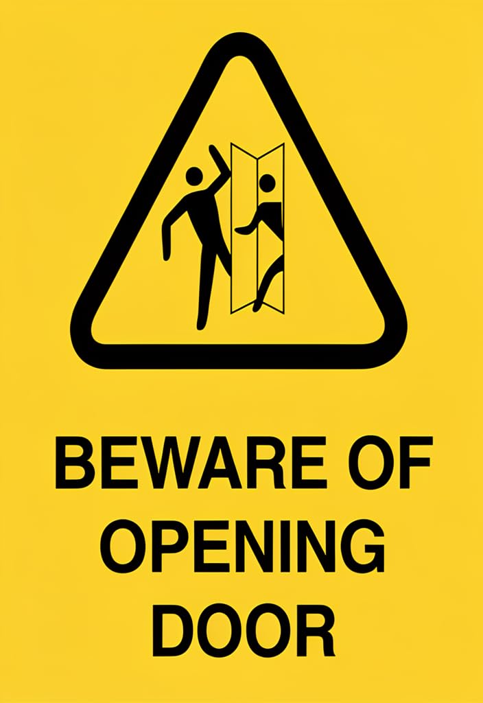 peiyeety Beware of Opening Door Tin Sign 12x8 Inch, Yellow Warning Metal Wall Decor Plaque with Bold Black Text & Triangle Icon, Funny Caution Sign for Home, Garage, Office, Man Cave Gift