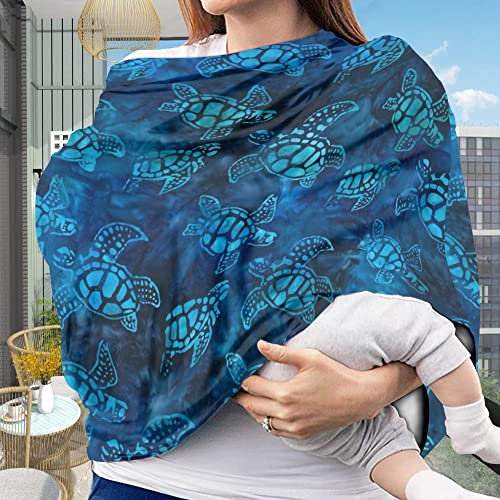 Image of Underwater Sea Turtle Printing Nursing Cover Baby Stroller Carseat Canopy,Premium Elastic Car Seat Covers for Babies Kids,Blue Mother Breastfeeding Scarf