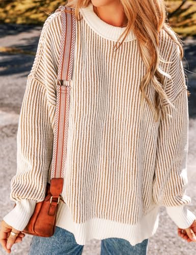 Ecosunny Womens Sweaters Striped Color Block Casual Long Sleeve Crewneck Loose Knit Pullover Sweater Shirts Fall Fashion2