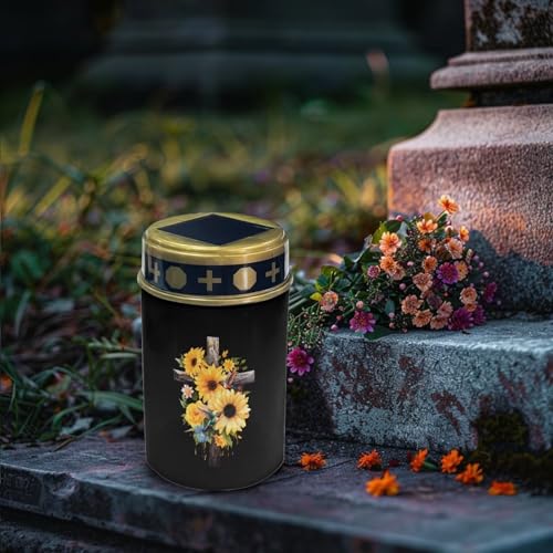 Image of Cemetery Lights for Grave, Cross Sunflower Hummingbird Print Outdoor Flameless Candles Solar Powered Flameless Cemetery Solar Lights Dustproof Waterproof and Easy to Install