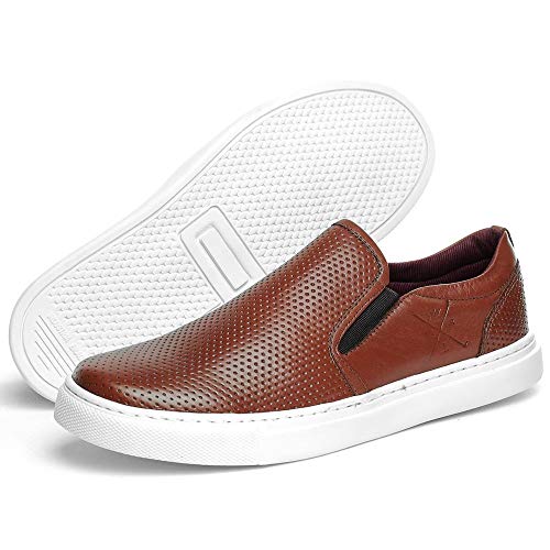 Sapatenis Iate Slip On Masculino Couro Furadinho Cor:Bege;Tamanho:37