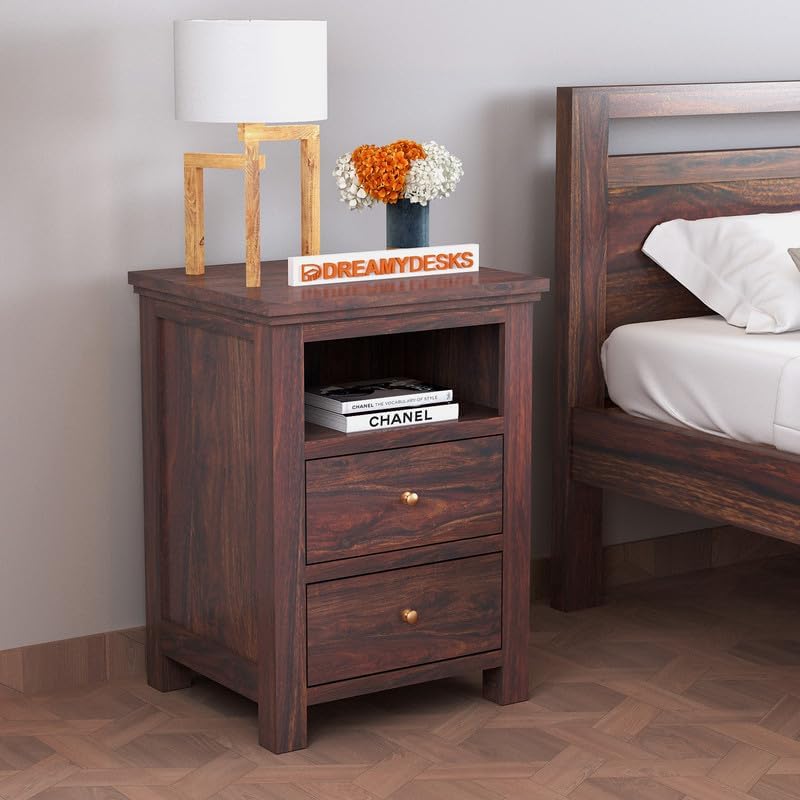 Image of Solid Sheesham Wood Bedside Table with 2 Drawer & 1 Shelf Storage for Bedroom, End Table, Side Table for Living Room (Walnut Finish)