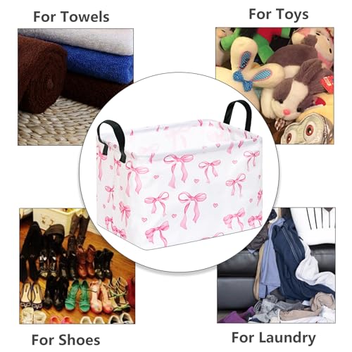 Image of Pink Bow Storage Basket Girls Gifts Basket Waterproof Storage Bins Organizer Foldable Closet Shelf Baskets with Handles for Home Office Dorm Closet Shelf
