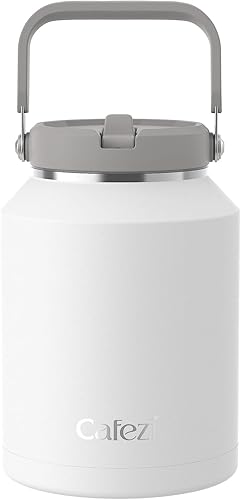 Botella de agua de acero inoxidable de 64 onzas con popote abatible y asa superior, a prueba de fugas, sin sudor, helada durante 34 horas, taza