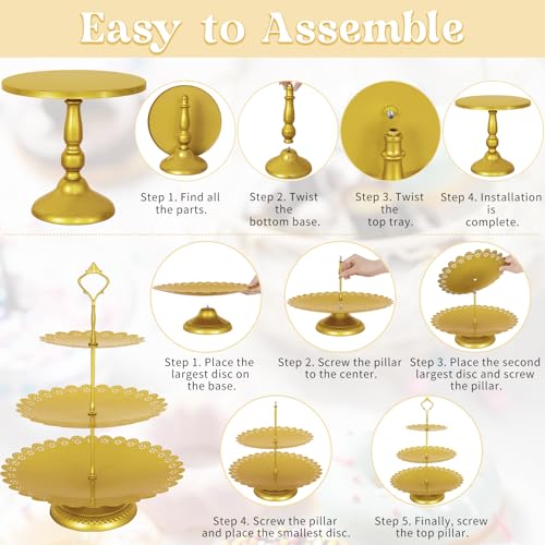 Fivenl 8 Pcs Cake Stand Gold Metal Dessert Table Display Set, 3-Tier Cupcake Stand, Cake Display Tower and Cookie Tray Rack Serving Tray for Birthday Party, Weddings, Baby Shower (Gold) - Image 7