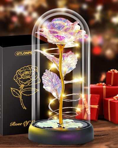 Otlonpe Valentines Day Flower Gifts for Her, Preserved Forever Glass Light Up Rose Gifts for Wife Girlfriend Women Mom Grandma Daughter Sister, Mothers Day Christmas Birthday Womens Gift (Colorful)