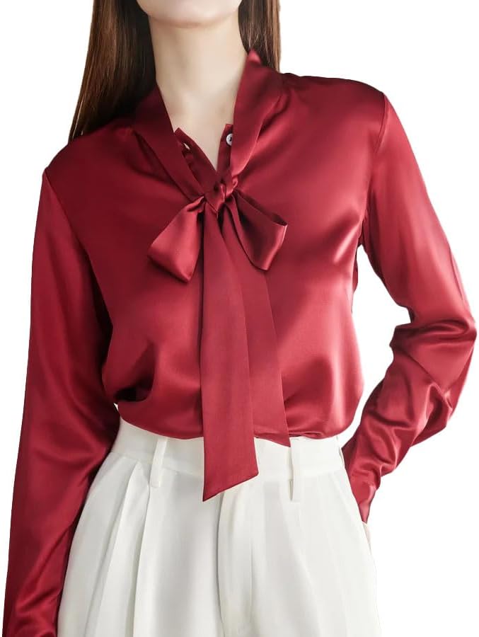 100% 22Momme Charmeuse Silk Elegant Silk Bow Tie Blouse