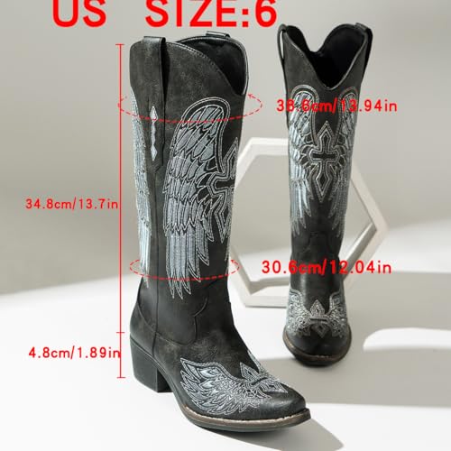 Image of Women's Western Cowboy Boots - Black Gothic Cross & Angel Wing Embroidered Mid Calf Boots, Y2K Vintage Pointed Toe Biker Cowgirl Boots for Concert Festival