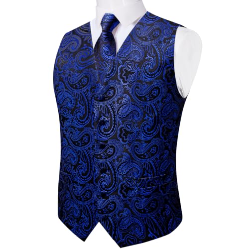 Image of DiBanGu Mens Vest and Tie Set Formal Paisley Waistcoat and Necktie Pocket Square Cufflinks Silk Suit Vest for Tuxedo Wedding