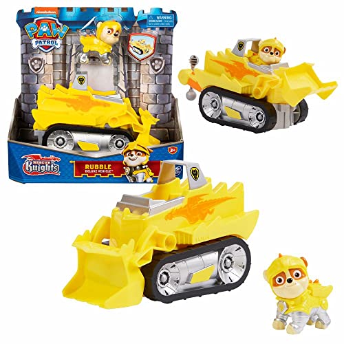 Paw Patrol Selección de vehículos Rescue Knights Deluxe coches con figuras de juego, figura: Rubble